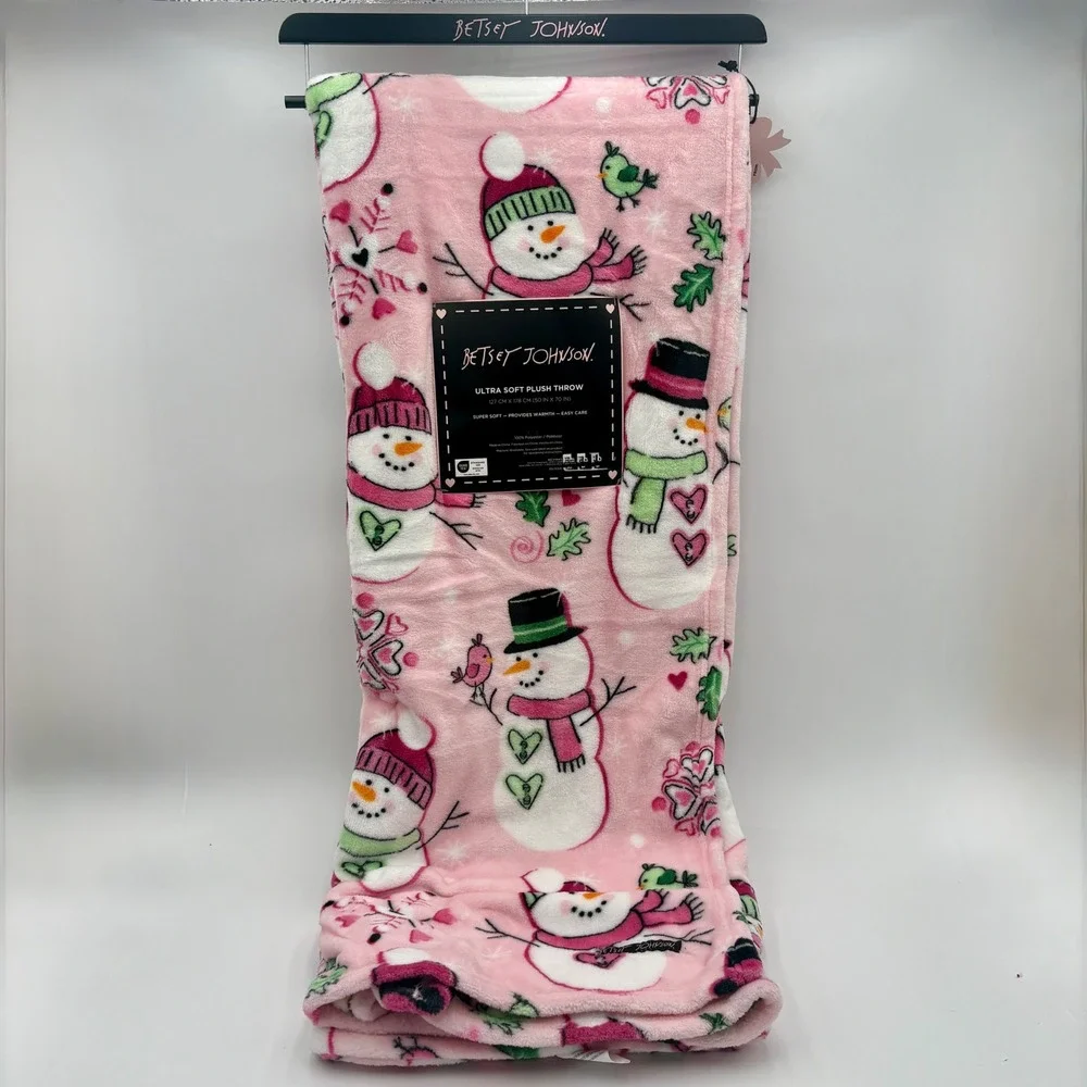 Betsey Johnson‎ Pink Snowman Christmas Ultra Soft Plush Throw Blanket Holiday
